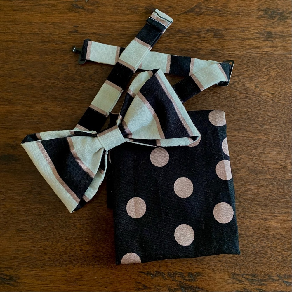 Custom handmade Bow-Tie and pocket square. Accents of rose gold and soft white
